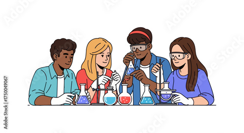 Diverse group of students conducting a science experiment with colorful liquids in beakers and flasks.