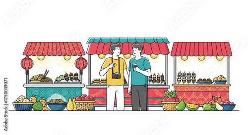 Two tourists exploring vibrant food stalls at a bustling market.