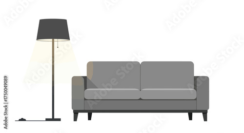 Modern Gray Sofa and Floor Lamp Illustration.