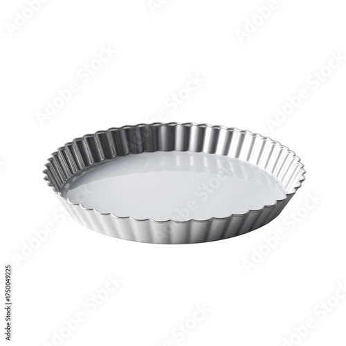 A round, silver fluted tart pan with a white non-stick interior, perfect for baking pies, quiches, and savory tarts. background removed