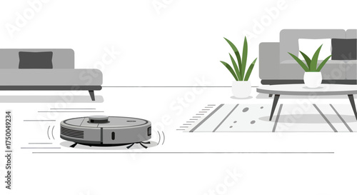 Robotic vacuum cleaner autonomously cleaning a modern living room floor.