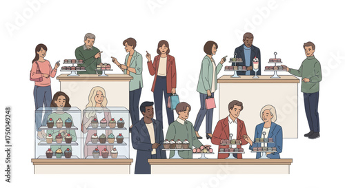 People at a bakery counter buying pastries and sweets illustration.