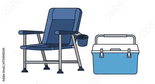 Blue folding chair with cup holder and a cooler box outdoor leisure equipment.