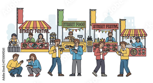 Lively Street Festival Scene with Food Stalls and People Enjoying.