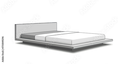 Modern Minimalist Platform Bed with White Mattress and Light Gray Bedding.