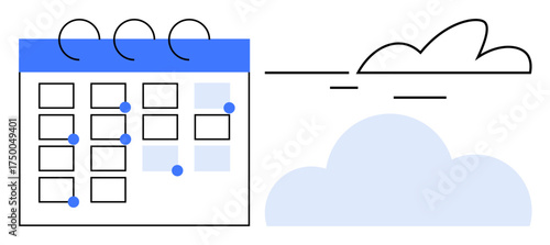 Spiral-bound calendar with marked dates next to a cloud outline, representing planning, organization, and cloud storage. Ideal for productivity, scheduling, management, collaboration, online tools