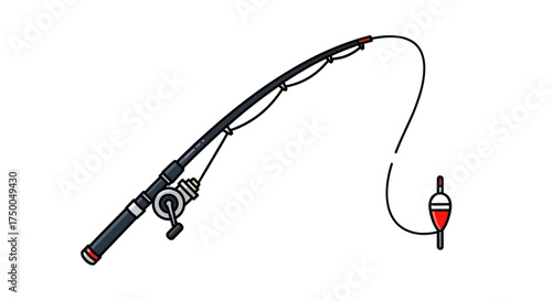 Hand-drawn illustration of a complete fishing rod with a spinning reel and bobber.