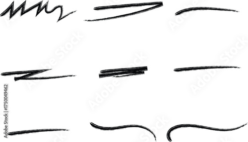 Nine black grunge strokes are arranged on a white background with a transparent backdrop
