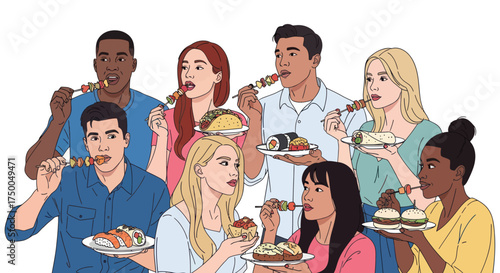 Diverse group of people enjoying a variety of delicious food dishes together.