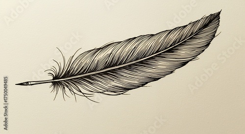 Detailed illustration of a single feather with intricate shading and fine lines on a neutral background