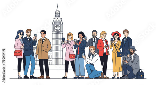 Diverse Group of Tourists Taking Pictures at Big Ben in London England.