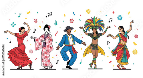 Diverse group of people in traditional cultural attire dancing joyfully.