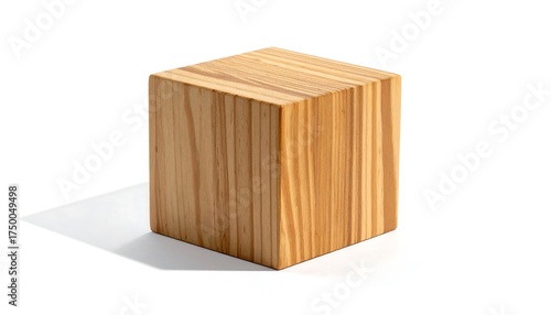 A close-up shot of a wooden cube sits on a white background, creating a shadow. The cube is a warm shade of wood