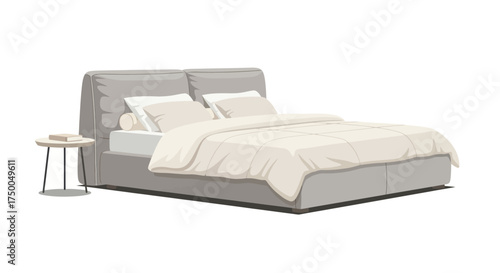 Modern Upholstered Bed with White Bedding and Side Table.
