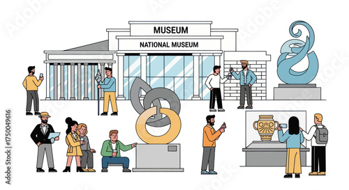 Diverse visitors admire sculptures and artifacts outside a national museum building.