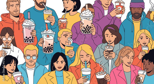 Diverse group of people enjoying colorful bubble tea drinks.