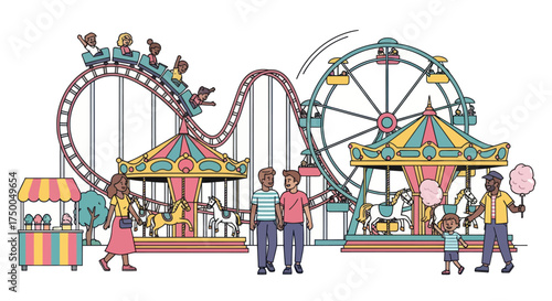 Lively Amusement Park with Roller Coaster Ferris Wheel Carousel and Visitors.