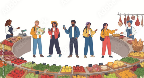 Diverse Shoppers and Vendors at a Bustling Fresh Produce Market Stall Illustration.