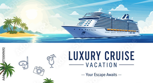 Cruise Ship Sailing on Blue Ocean Waters Near Tropical Island.