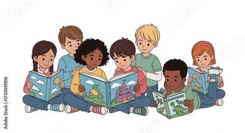 Diverse Group of Children Reading Books Together in a Colorful Illustration.