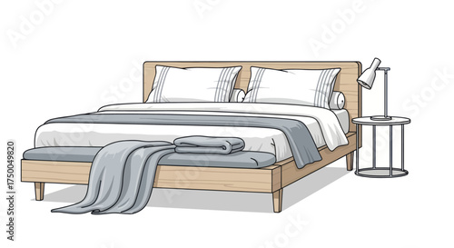 Cozy Bedroom Scene with Wooden Bed and Side Table.