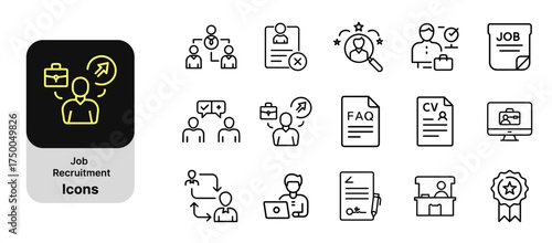 Job and recruitment icons — HR management, hiring process, CV, candidate search, and employment line style symbol set for business and career platforms.