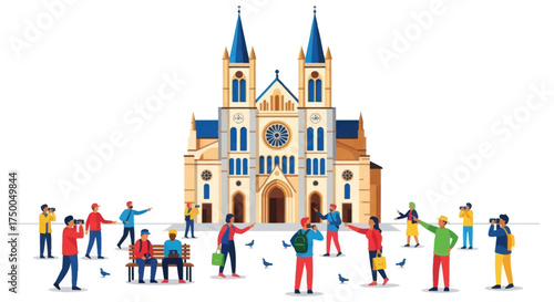 Colorful illustration of a grand cathedral with people gathered outside.