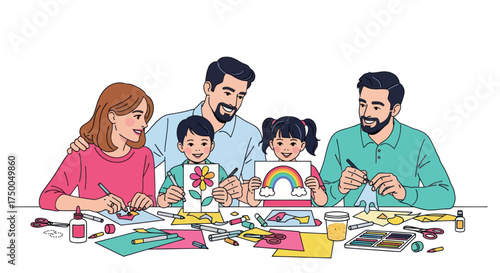 Family Crafting Together: Parents and Children Enjoying Art Project.