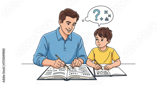 Adult male helping young boy with math homework studying together.
