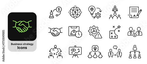 Business strategy icons — management, teamwork, planning, leadership, and corporate growth line style symbol set for professional business and marketing design.