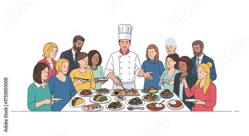 Chef presenting dishes to a diverse group of people showcasing culinary expertise and food presentation.