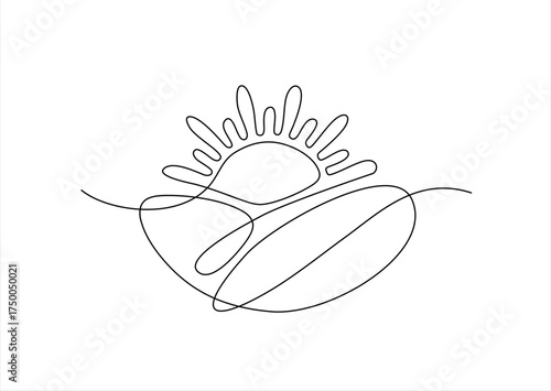 One continuous line drawing of clouds with sun in the sky. Weather symbol and storage concept in simple linear style. Editable stroke. Hand drawn one line vector.	