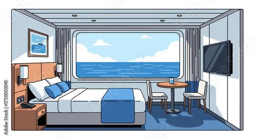 Cozy Cruise Ship Cabin with Ocean View and Modern Amenities.