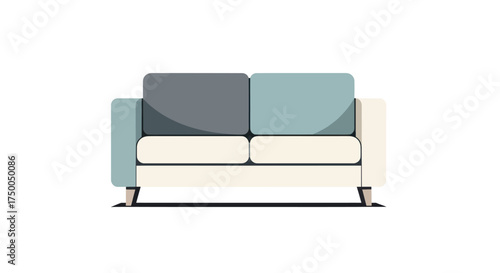 Modern Two-Seater Sofa with Blue Gray and Cream Cushions.