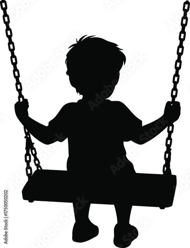 Silhouette of a young boy sitting on a swing isolated on white background, enjoying childhood