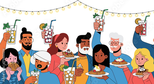 Diverse group of people enjoying food and drinks at a festive gathering.