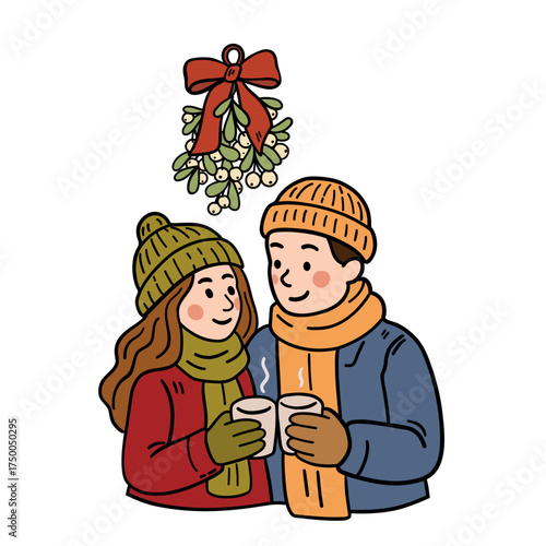 Hand-drawn doodle illustration of a cute couple standing under mistletoe with hot drinks. Simple cozy Christmas scene, perfect for cards, stickers, and festive designs.

