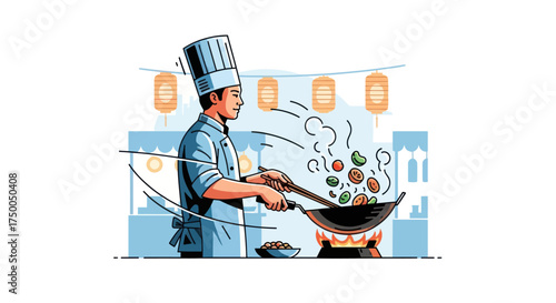 Chef Tossing Food in a Wok with Steam and Lanterns.