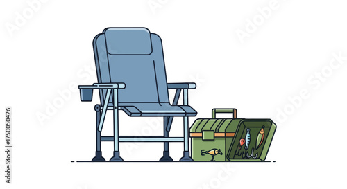 Blue Folding Chair with Headrest and Green Tackle Box for Fishing.