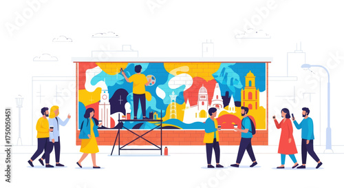 Artist painting a vibrant mural on a large billboard with onlookers.