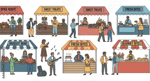 Lively Outdoor Food Market Stalls with Diverse Vendors and Customers.