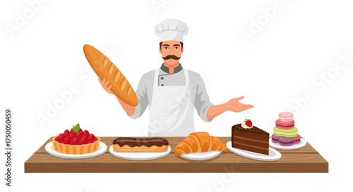Cheerful Baker Presenting Freshly Baked Bread and Assorted Pastries.
