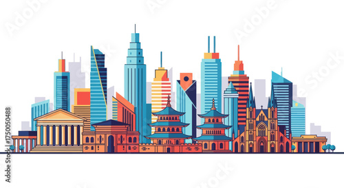 Vibrant Cityscape with Diverse Architectural Styles and Asian Influences.
