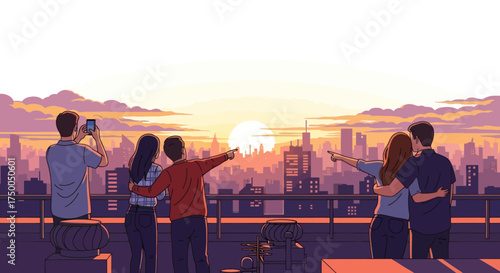People Enjoying Sunset View Over City Skyline Capturing Moments with Phone.