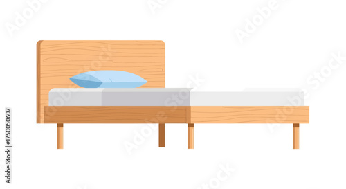 Simple wooden bed frame with a light blue pillow.
