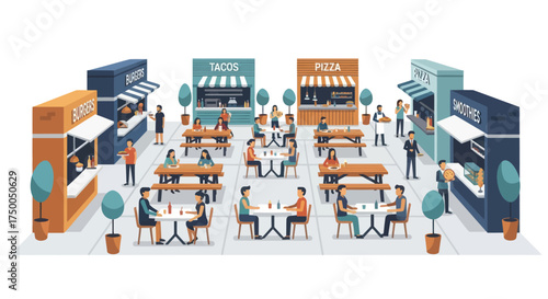 Vibrant Outdoor Food Court Festival with People Eating.