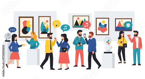Diverse group of people enjoying an art exhibition with paintings and sculptures on display.