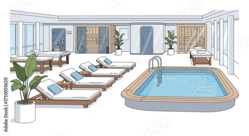 Indoor Swimming Pool and Lounge Area Sketch with Sunbeds.