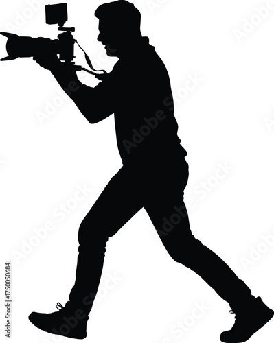 Silhouette of a photographer in action, capturing a moment with his camera, isolated on white background