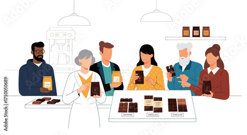 Diverse group of people sampling artisanal chocolate bars in a shop.